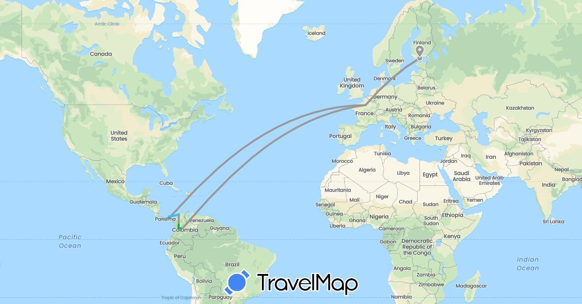 TravelMap itinerary: driving, bus, plane, boat in Colombia, Finland, France, Panama (Europe, North America, South America)